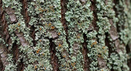 Fototapeta premium Close-up of Tree Bark Covered with Green Lichen and Textures