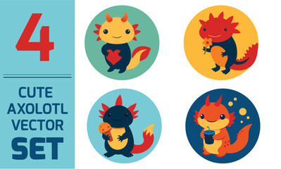 Cute Axolotl Cartoon Vector Set &ndash; Kawaii Axolotl Characters with Heart, Flower, Ice Cream and Drink