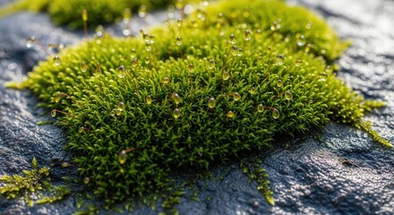 Close-Up of Vibrant Green Moss Growing on Dark Surface in Nature Setting