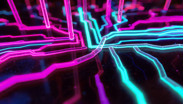 A macro shot of "Neural Circuitry" showing vibrant pink and teal neon liquid flowing through transparent tubes on a matte black high-tech surface.
