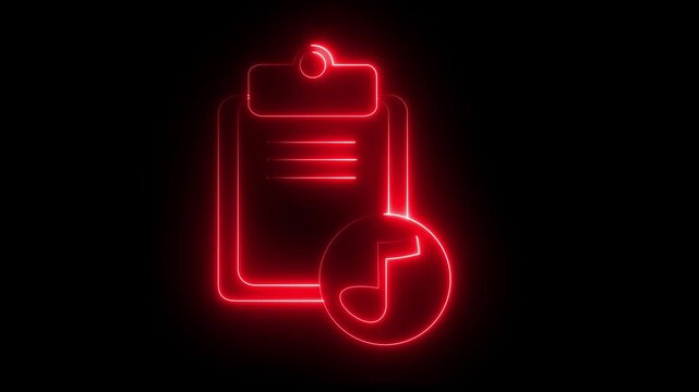 Neon light effect animation of a clipboard icon with a musical note , check list line icon design for web design. checklist on clipboard with boxes being ticked..