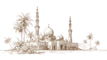 Naklejka premium Beautiful Line Drawing of an Islamic Mosque with Palm Trees and Minarets 