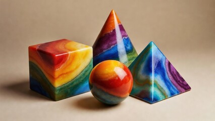 Fototapeta premium Colorful geometric shapes arranged on beige background.