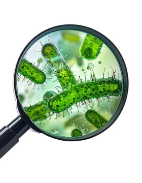 Magnified view of vibrant green rod-shaped bacteria under a microscope.