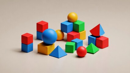 Obraz premium Colorful geometric toy blocks arranged on neutral background.