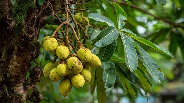 Sweet Thai longkong fruits, gathered on a tree, form a beautiful bunch ready to eat.