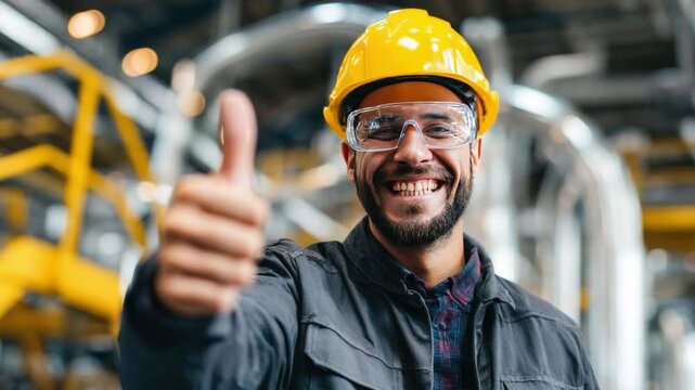 Confident Engineer's Approval: A skilled engineer, radiating confidence, gives a thumbs-up in a manufacturing plant, showcasing safety, expertise, and a positive outlook.