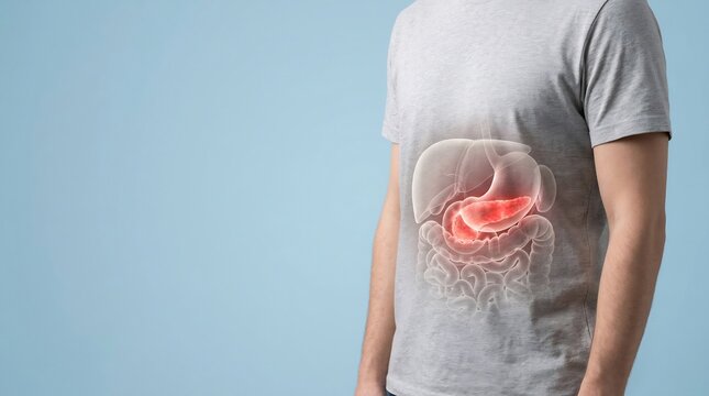 Torso of a man wearing a grey t-shirt shows a glowing diagram of the pancreas highlighted in red to depict digestive inflammation or disease.