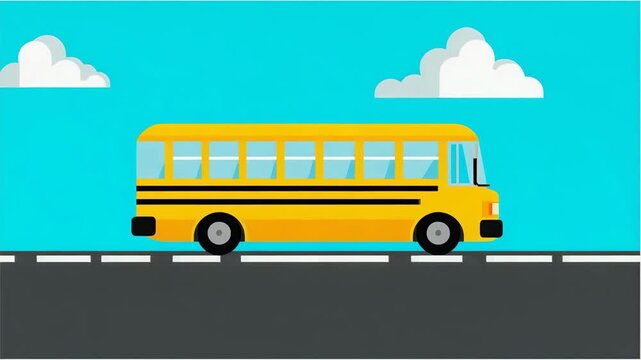 Yellow School Bus Driving on Road Under Blue Sky - Flat Transportation Illustration