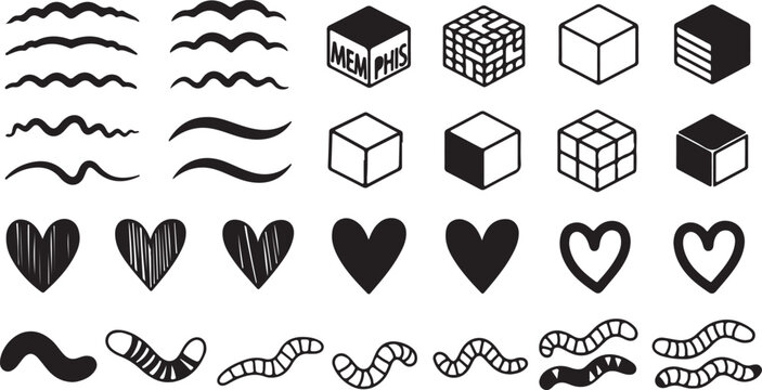 Collection of various decorative and geometric vector elements including hearts, worms, and cubes