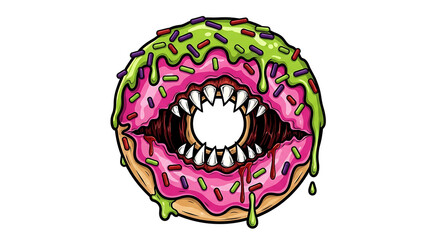 Obraz premium Cartoon Monster Donut Illustration with Sharp Teeth and Pink Frosting