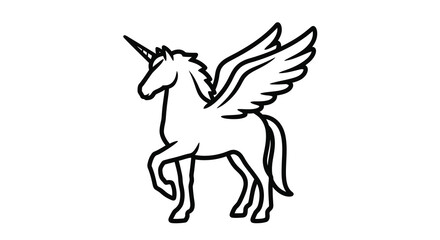 A graceful winged unicorn stands in a striking black outline silhouette © asma