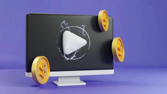 Video Player Screen with Dollar Coins - Online Content Monetization Concept in 3D