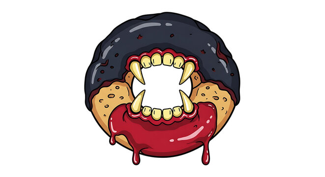 Vampire monster donut with sharp fangs and red jam illustration
