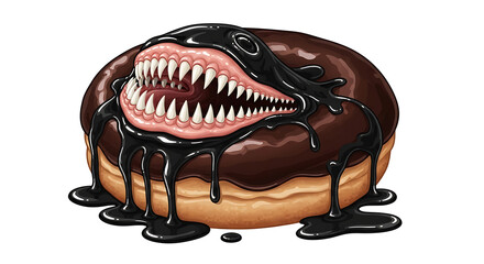Creepy Monster Mouth Chocolate Donut with Sharp Teeth Illustration