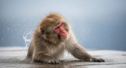 Fototapeta premium Young Japanese Macaque in Hot Spring Bathing in Natural Setting