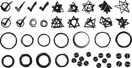 Set of various hand-drawn check marks, stars, circles, and abstract shapes in black on transparent background © MDMUKTADIR