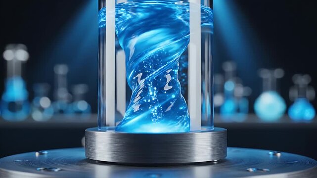 Glowing Blue Vortex Swirling Inside Laboratory Glass Cylinder With Out Of Focus Science Equipment In Background