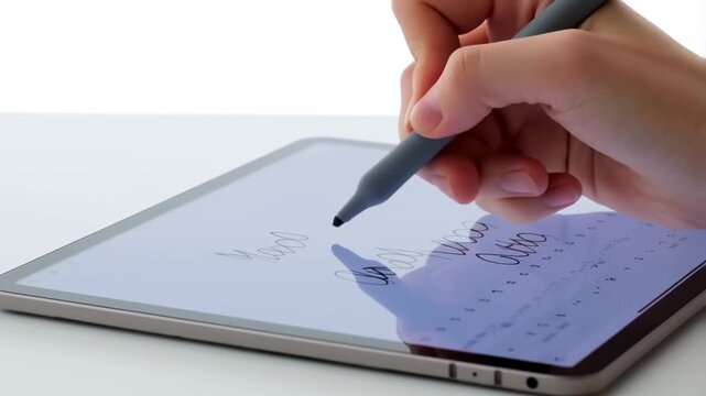 A hand uses a stylus to write on a tablet screen, capturing smooth digital handwriting in real time with clear focus and minimal background distraction.
