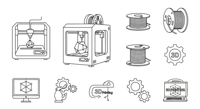 Three dimensional printing technology linear icon set including additive manufacturing printers filaments spools modeling software on computer and industrial prototype creation gear symbols design