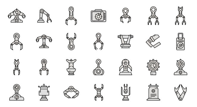 Robotic arm and automated industrial machinery icons showing various mechanical grippers robotic claws assembly line equipment manufacturing tools factory automation systems and electronic sensors