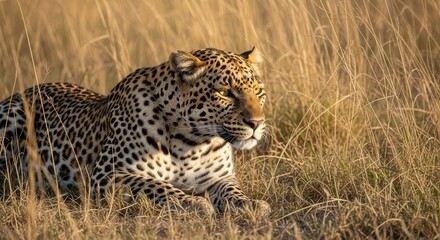 Obraz premium Wild Leopard Resting in Tall Grass in Natural Habitat