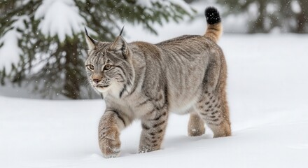 Wild Lynx Walking Through Snowy Forest Landscape in Natural Habitat
