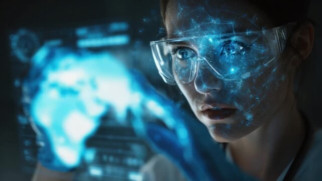 Innovating Vision: A scientist intensely examines a glowing futuristic interface, reflecting a fusion of technology and human intellect, embodying exploration and discovery.