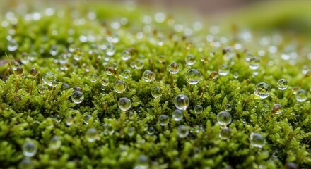 Close-up Of Moss Covered Surface With Dew Drops Reflecting Light