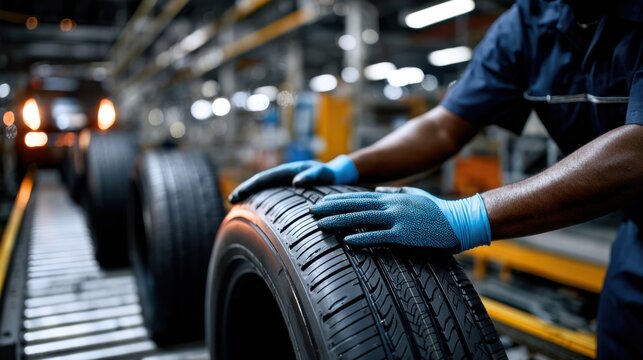 Worker inspects car tires on a conveyor belt in an automotive factory, showcasing quality control processes.