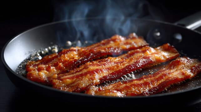 Close-up of sizzling bacon strips in a frying pan, with visible steam and bubbling hot oil, ideal for breakfast or cooking concepts.