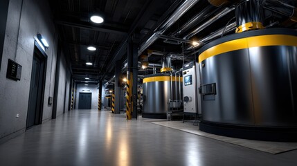 Obraz premium Industrial facility interior with large cylindrical tanks, modern piping, and subdued ambient lighting, ideal for manufacturing or technology concepts.