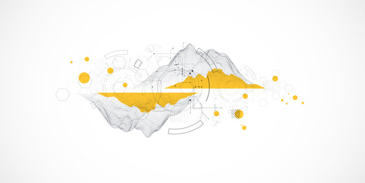 Abstract technological background with mountain elements made in a wireframe style.