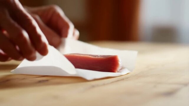 Elderly hands carefully wrap a piece of raw fish in parchment paper on a wooden table, suggesting food preparation or preservation.