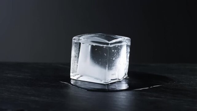 A single ice cube slowly melts on a dark surface, gradually shrinking as water pools beneath it, reflecting light in a minimalist, high-contrast setting.