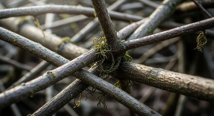 Close-Up of Intertwined Twigs and Branches with Natural Texture