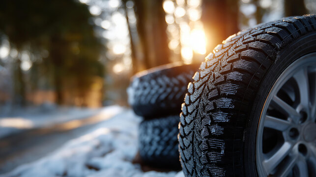 Close-up of winter tires stacked in snowy environment, tread patterns and rugged texture highlight, cold weather preparation, seasonal tire display, with copy space