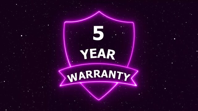 Five Year Warranty Shield Neon Glow Rotating with Starry Background