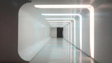 White illuminated corridor with repeated light arches in building.