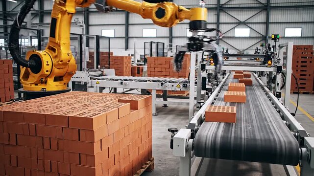 Industrial robotic arm handling bricks on a conveyor belt in a modern factory setting