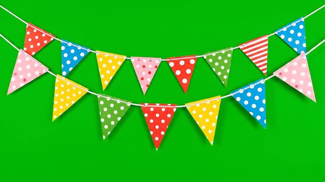 Vibrant triangular flags on strings, festive birthday celebration garland with varied patterns and colors hanging in a preview triangle