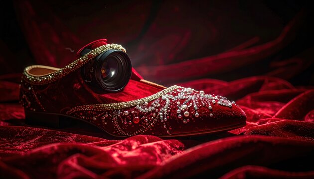 Exquisite Red Velvet Slipper Adorned with Intricate Beaded Embroidery and Shimmering Jewels