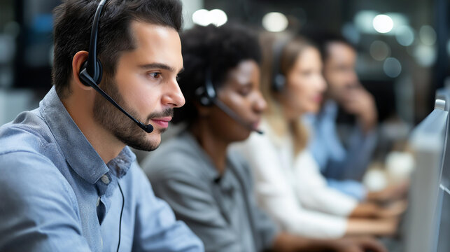 Diverse call center professionals wearing headsets engaged in focused customer support and communication at computer workstations, defocused background, inclusive team concept,