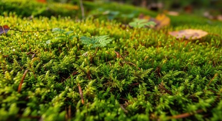 Close-Up of Vibrant Green Moss Covering Forest Floor with Natural Texture
