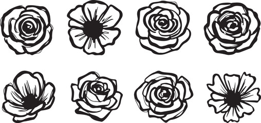 Set of eight stylized hand drawn flower designs, various rose and poppy illustrations with transparent background