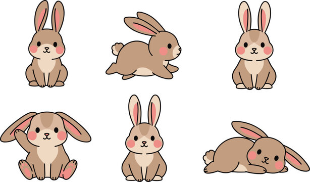 Adorable Set of Cute Bunny Illustrations in Different Poses, Perfect for Easter, Kids, and Spring Designs, Vector Art