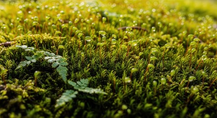 Close-Up of Vibrant Moss Covering Forest Floor with Foliage