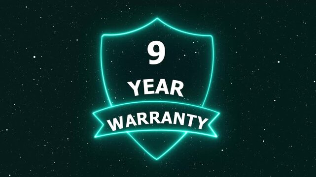 Nine Year Warranty Shield Emblem Glowing Neon Animation with Starry Background
