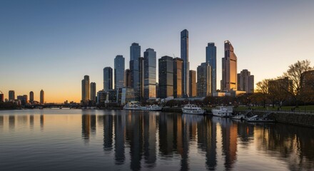 Fototapeta premium A serene city skyline at dusk reflected in calm waters with boats docked in the foreground