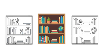 Fototapeta premium Three bookshelves with books, plants, and globes in line art and flat design styles